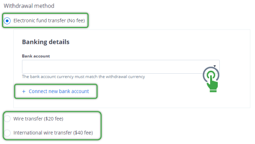 Connect to bank account and choose withdrawal method