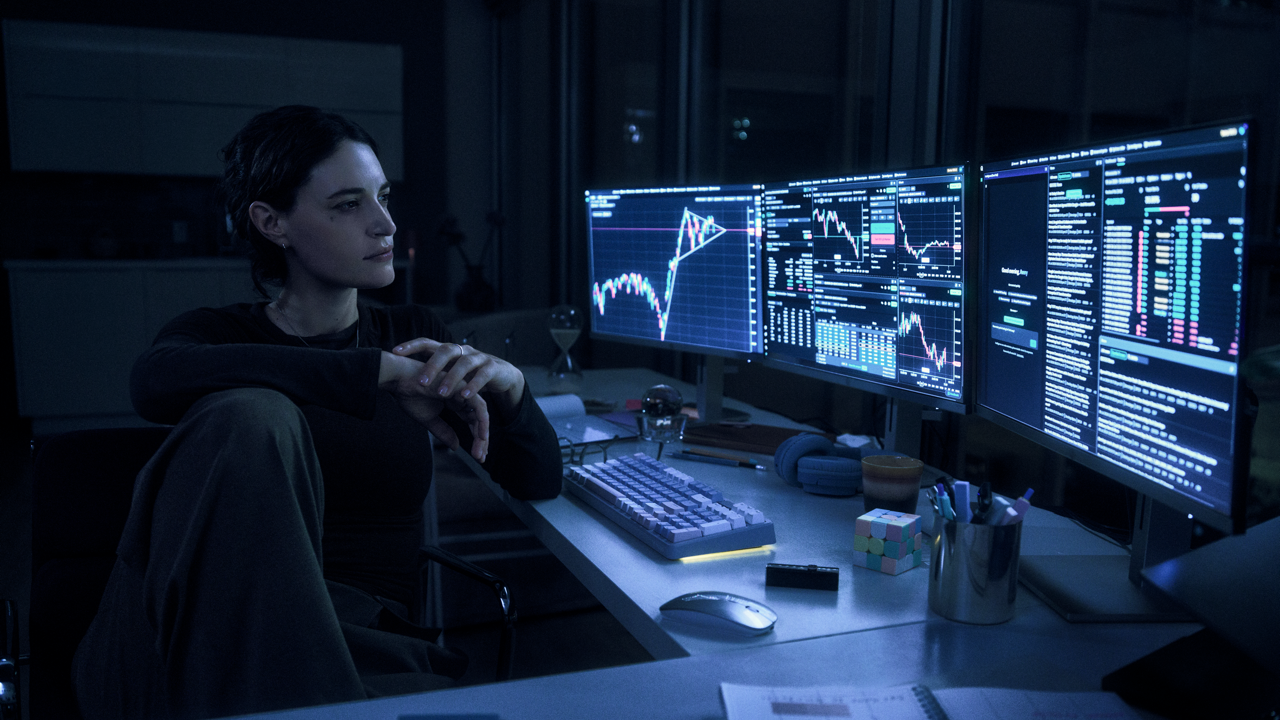 Woman with hands clasped sitting back and studying three monitors displaying stock charts and market data at a desk with a keyboard, Rubik's cube, and headphones, in a dim office lit mainly by screen glow.